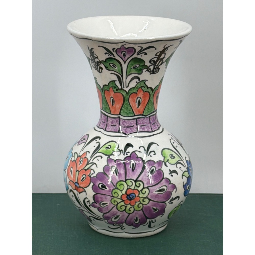 Vtg Cini Kutahya Turkish Pottery Hand Painted Floral‎ Ceramic Vase 7.5" by Nihal